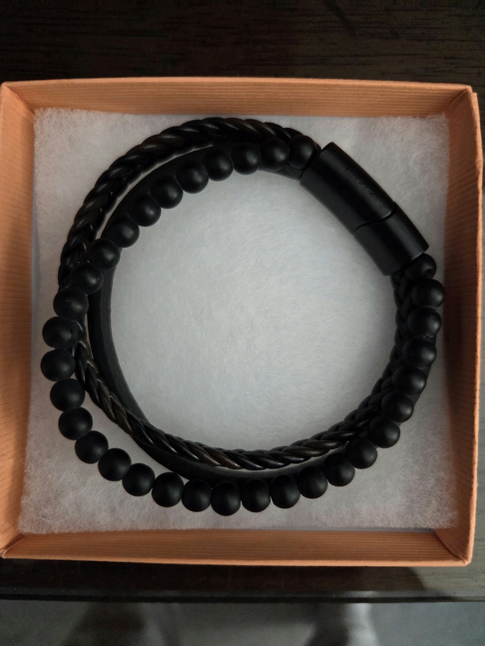 Matte Black Multi-Strand Leather and Black Agate  Men's Bracelet